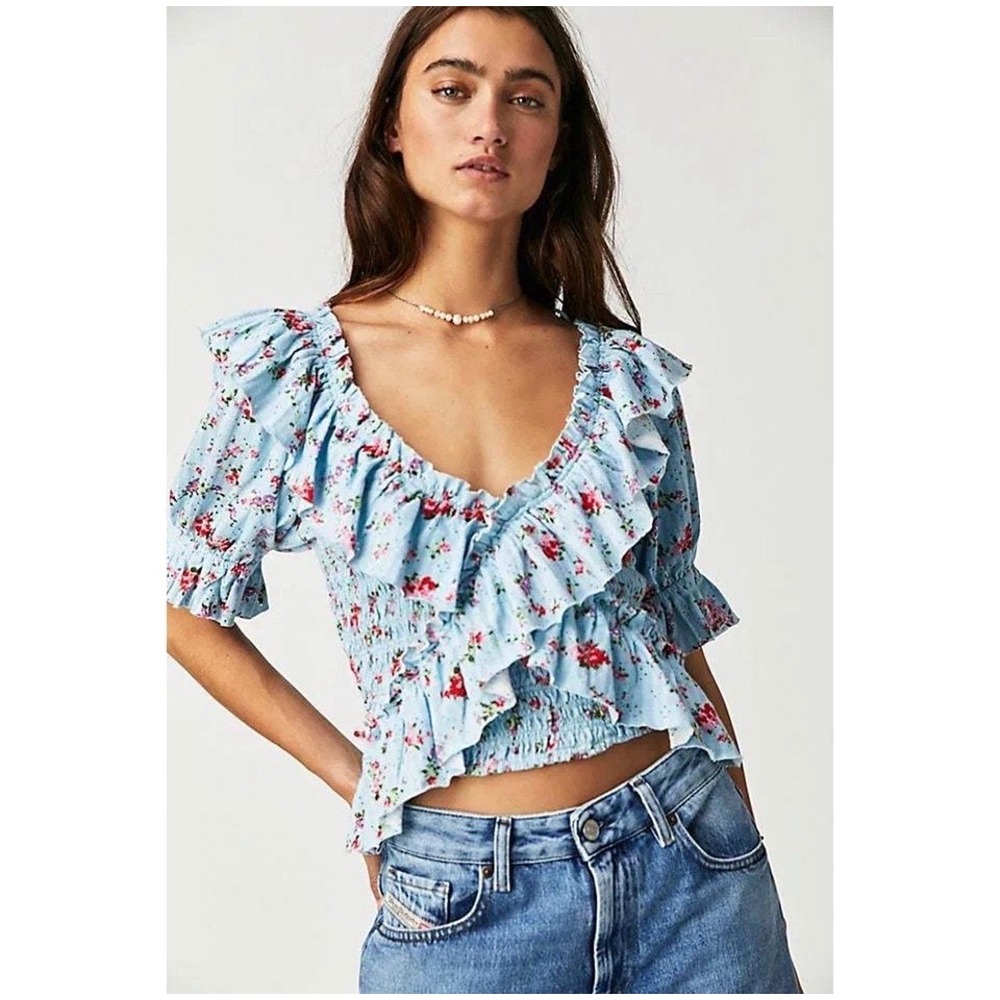 Free People Favorite Girl Floral Ruffle Smocked Top Blue Pink Cotton Size‎ M